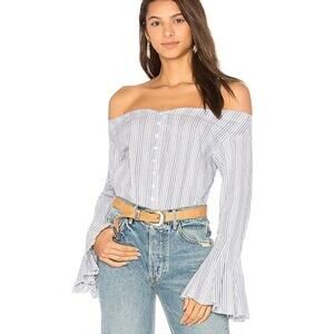 Free People March to the Beat Off Shoulder Striped Blue Flare Sleeve Top Size S